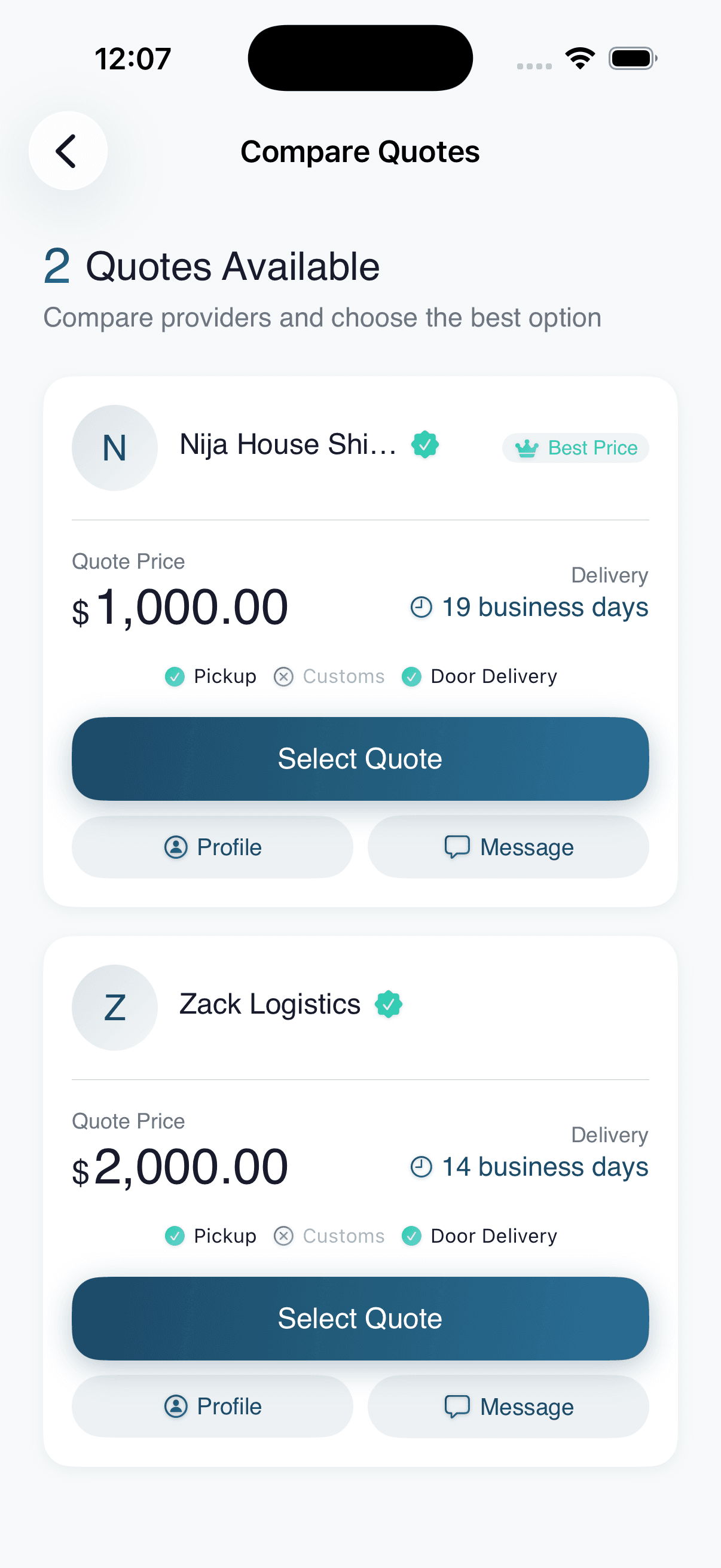 Compare shipping quotes from verified providers in the BarrelDrop app