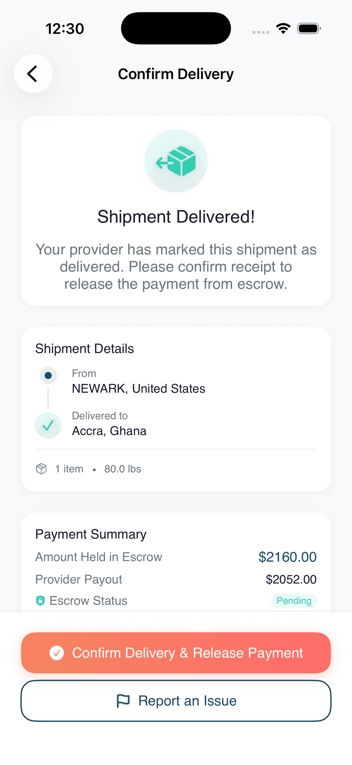 Escrow release — Funds release to your provider only when you confirm delivery.