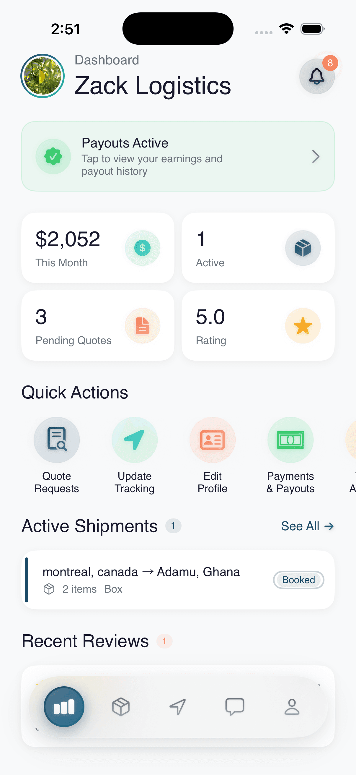 Provider dashboard — Providers manage active shipments, earnings, and quick actions.