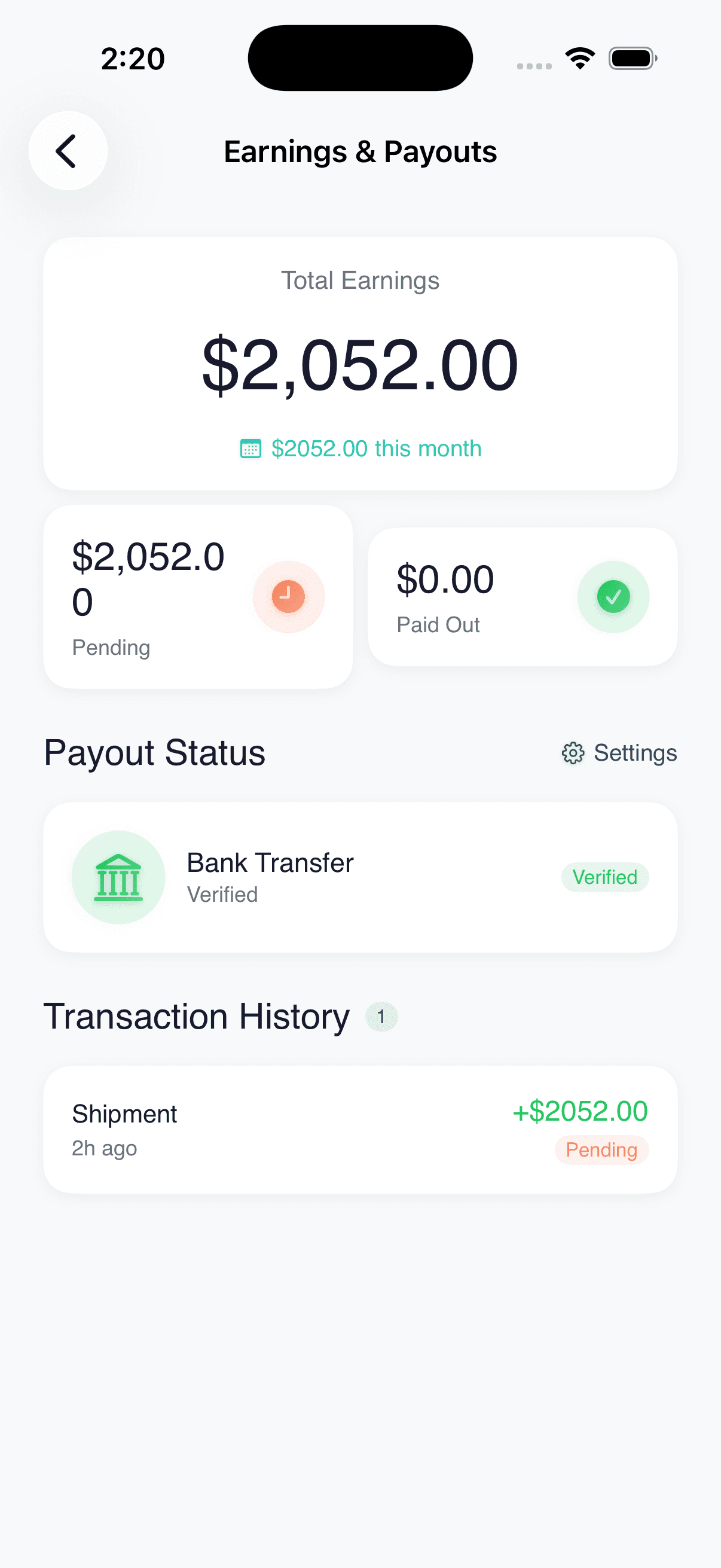 Earnings & payouts — Track total earnings and full transaction history.