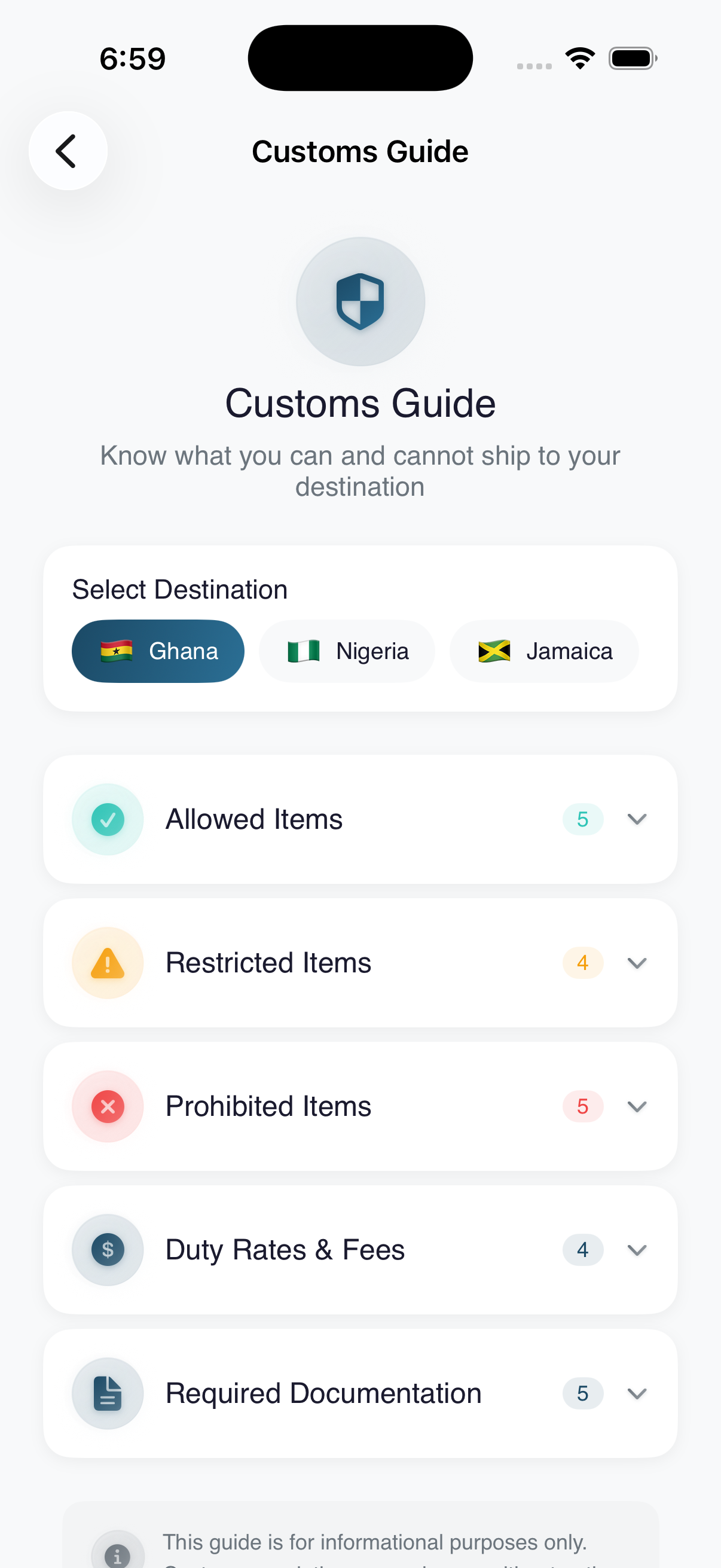 BarrelDrop customs guide showing allowed and restricted items by destination country