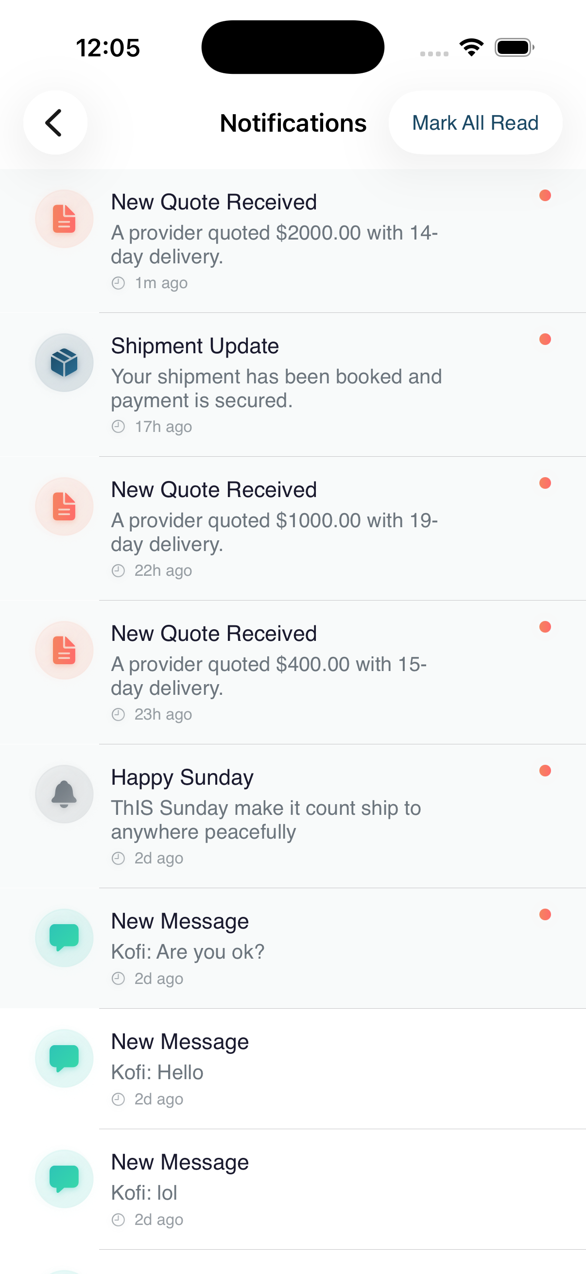 BarrelDrop push notifications for new quotes, shipment updates, and messages