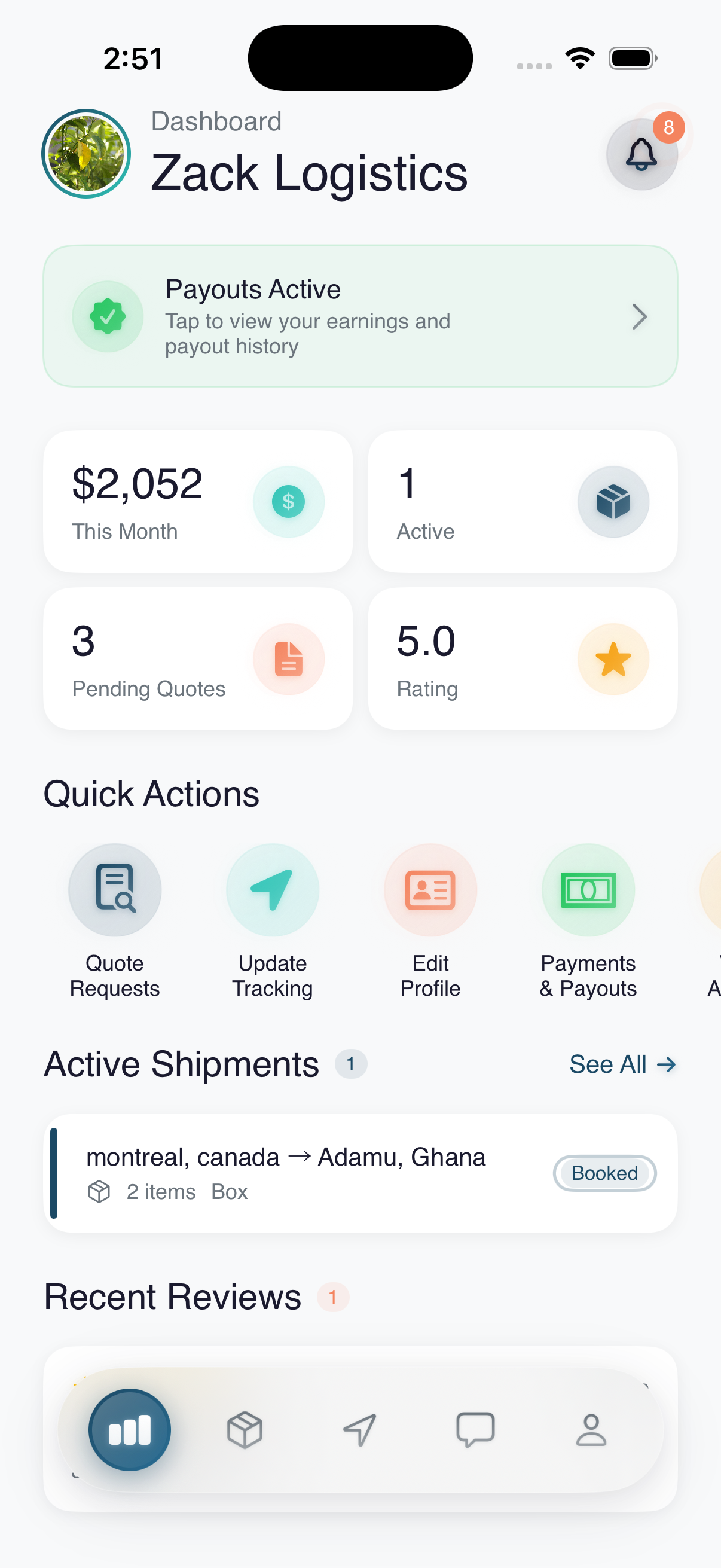 BarrelDrop provider dashboard with active shipments, earnings, and quick actions