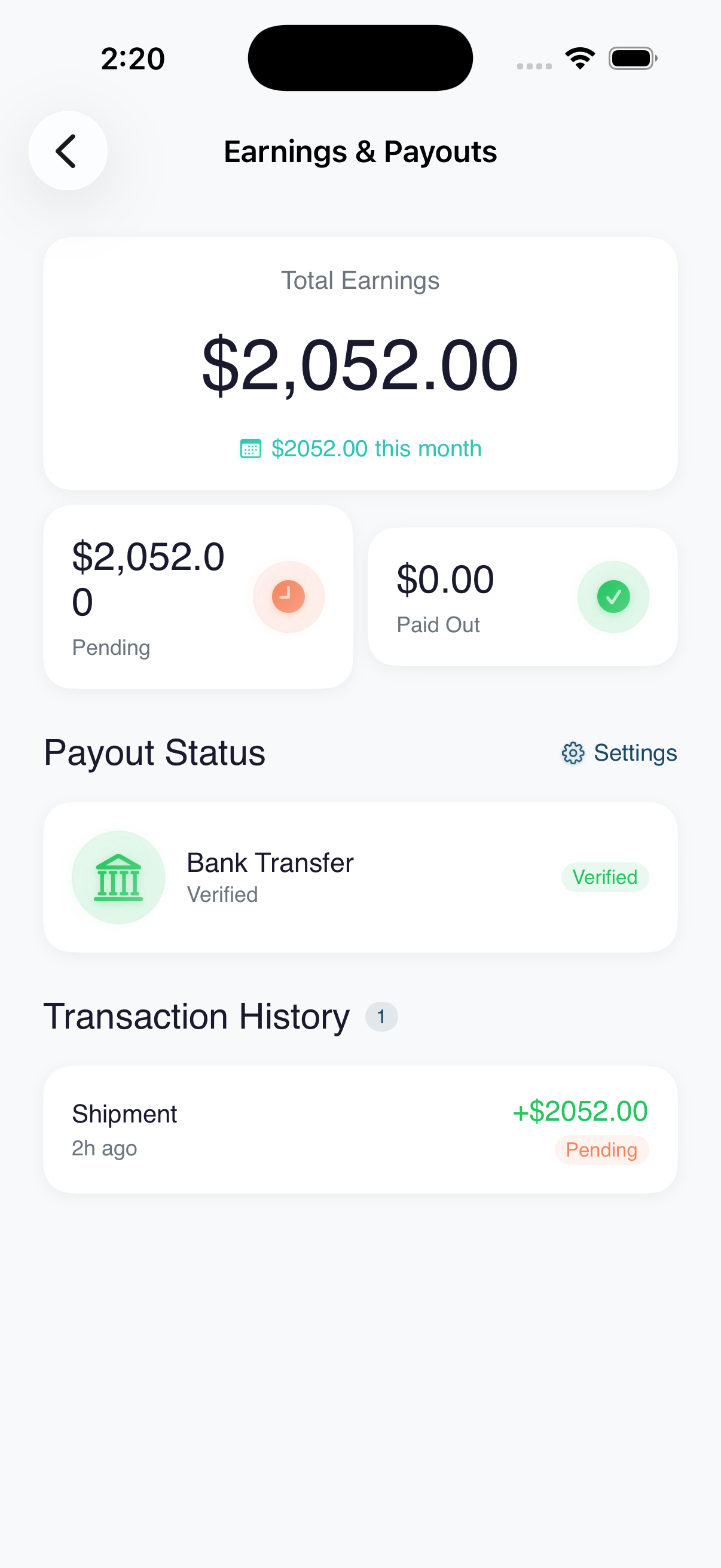 BarrelDrop provider earnings and payouts dashboard showing total earnings and transaction history