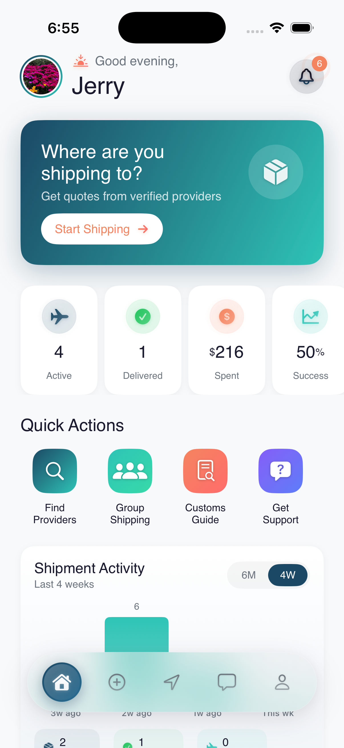 BarrelDrop sender home dashboard showing active shipments, delivery stats, and quick actions